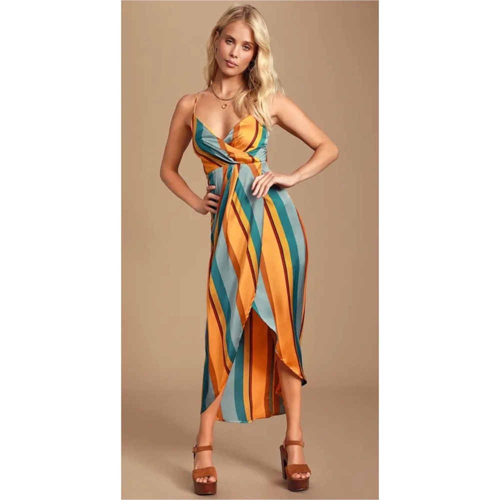 Lulus Jovi Orange Multi Striped Satin High-Low Midi Dress